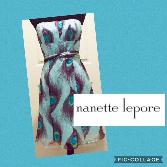 Nanette Lepore Peacock Silk Strapless Dress 👗 8 - Picture 1 of 5